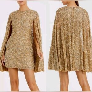 Mac Duggal 5931 Sequined Cape Sleeve Mini Dress in Gold SZ 8 NEW